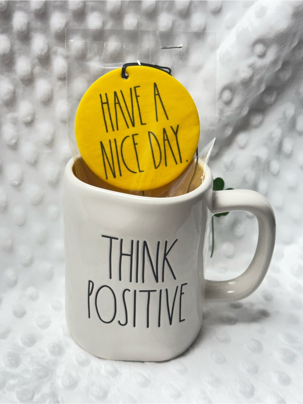 Rae Dunn Think Positive White Ceramic Mug with Yellow 'Have a Nice Day' Citrus